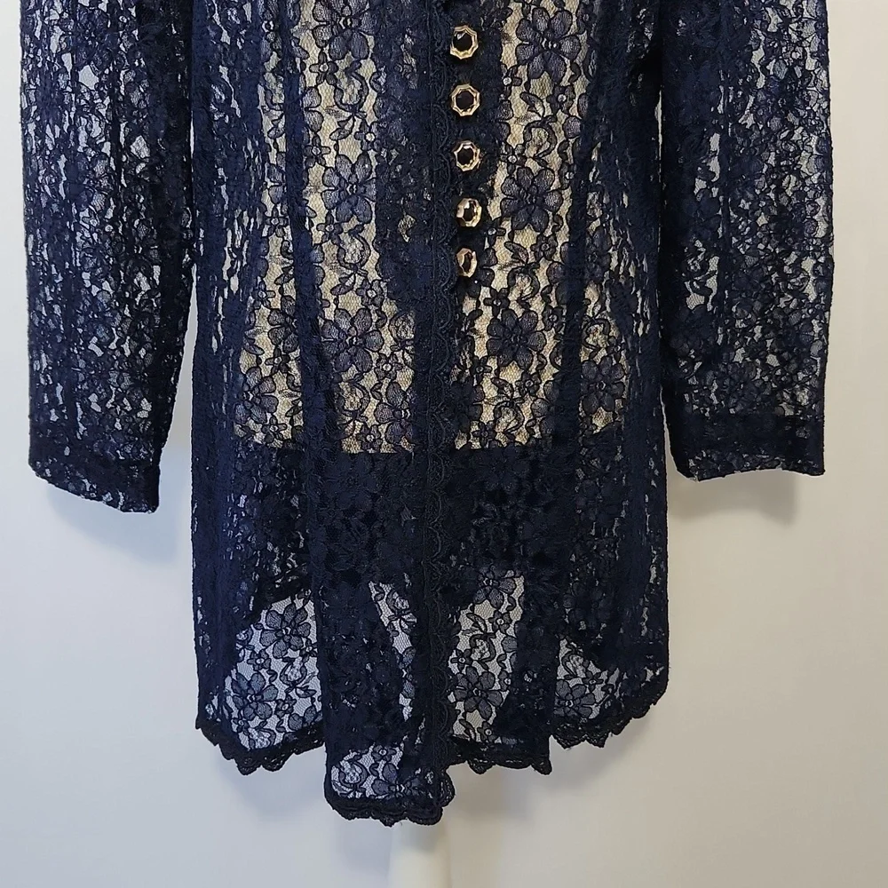 Beautiful U Women L Navy Blue Crochet Lace Scalloped Hem Button Front Cardigan